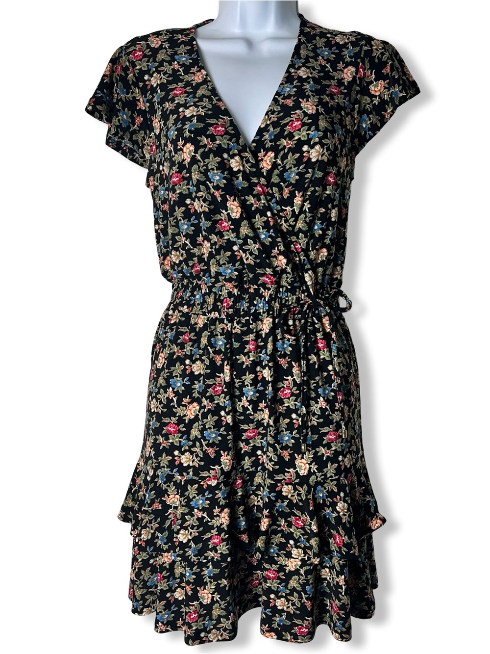 Lauren Ralph Lauren Womens Floral Wrap Tiered Ruffle Dress Black Sz. 2P